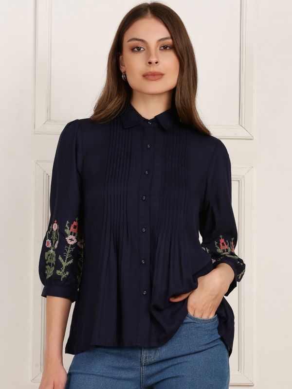 Globus Women Blue Floral Embroidered Sleeves Collared Neck Pleated Flared Hem Top