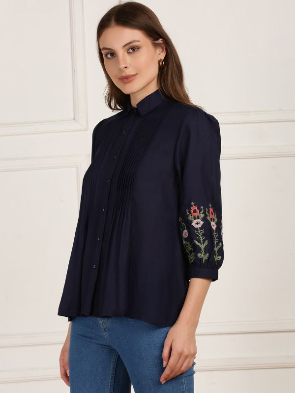 Globus Women Blue Floral Embroidered Sleeves Collared Neck Pleated Flared Hem Top
