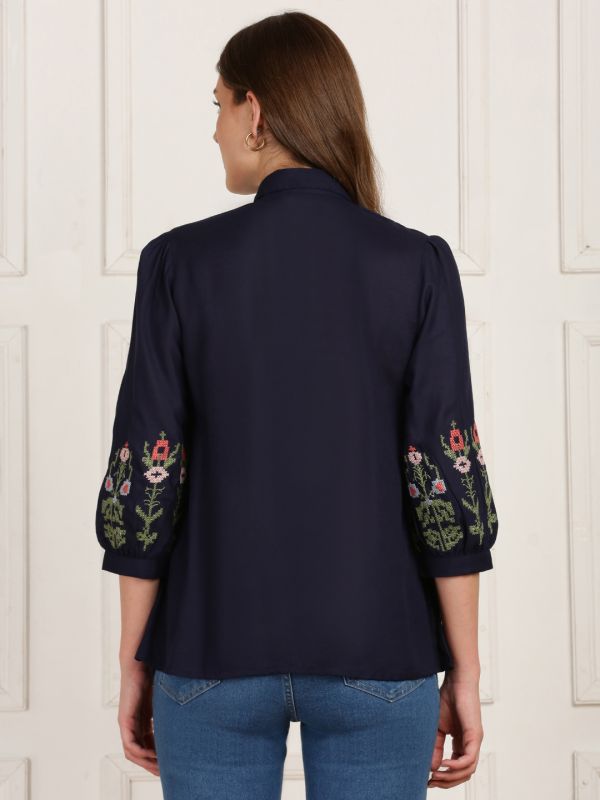 Globus Women Blue Floral Embroidered Sleeves Collared Neck Pleated Flared Hem Top
