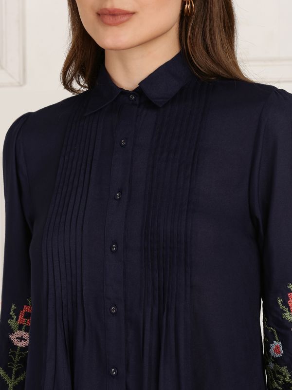 Globus Women Blue Floral Embroidered Sleeves Collared Neck Pleated Flared Hem Top