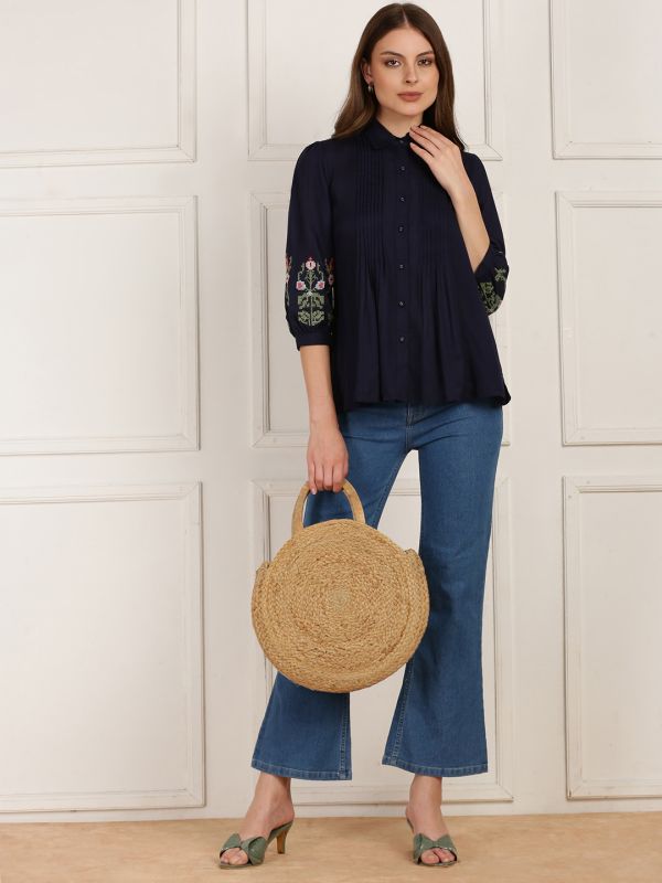 Globus Women Blue Floral Embroidered Sleeves Collared Neck Pleated Flared Hem Top