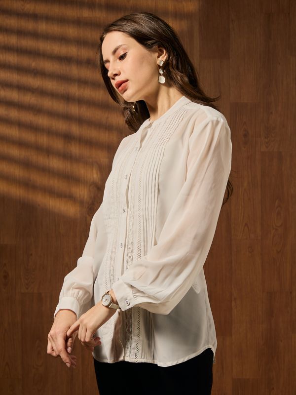 Globus Women White Mandarin Collar Cuffed Sleeves Pleated Lace Inserts Georgette Sheer Shirt