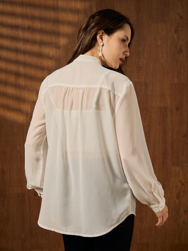 Globus Women White Mandarin Collar Cuffed Sleeves Pleated Lace Inserts Georgette Sheer Shirt