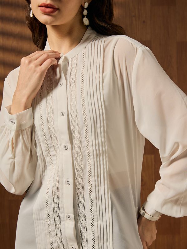 Globus Women White Mandarin Collar Cuffed Sleeves Pleated Lace Inserts Georgette Sheer Shirt