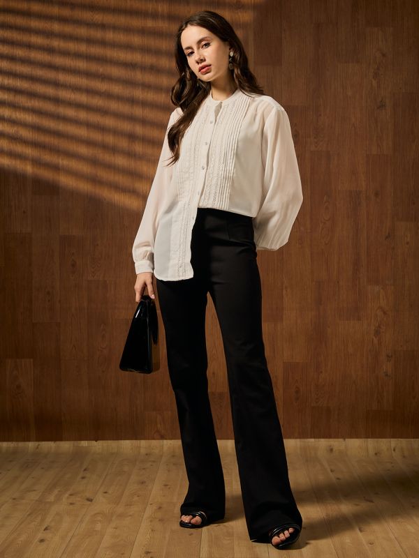 Globus Women White Mandarin Collar Cuffed Sleeves Pleated Lace Inserts Georgette Sheer Shirt