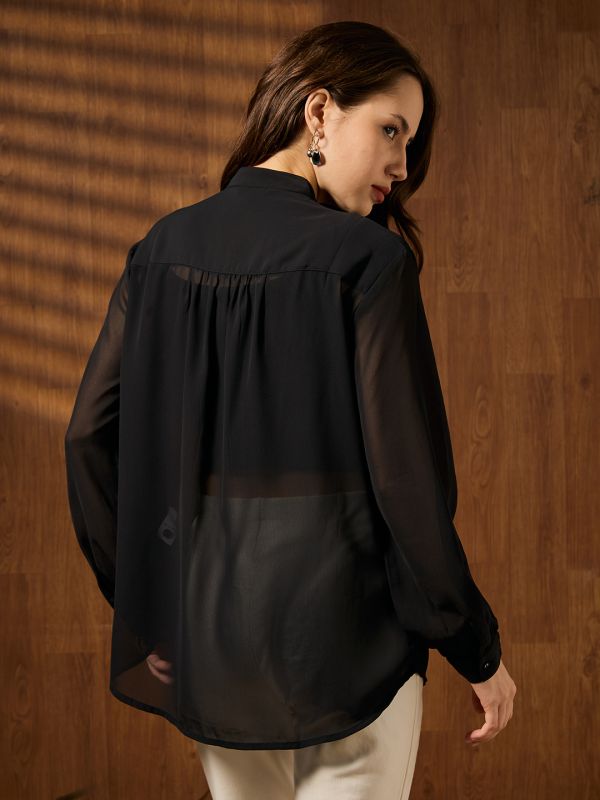Globus Women Black Mandarin Collar Cuffed Sleeves Pleated Lace Inserts Georgette Sheer Shirt