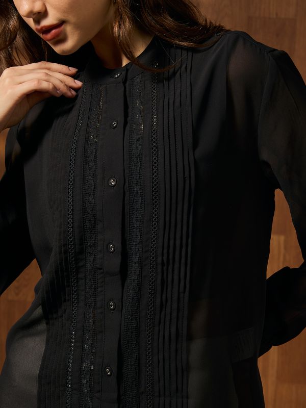 Globus Women Black Mandarin Collar Cuffed Sleeves Pleated Lace Inserts Georgette Sheer Shirt