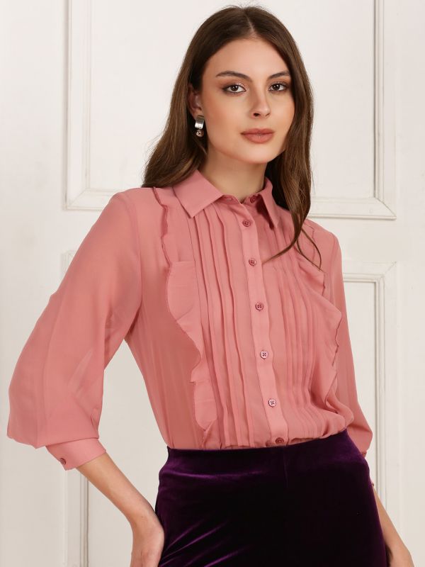 Globus Women Pink Collared Neck Bishop Sleeves Curved Hem Ruffle Detail Georgette Shirt