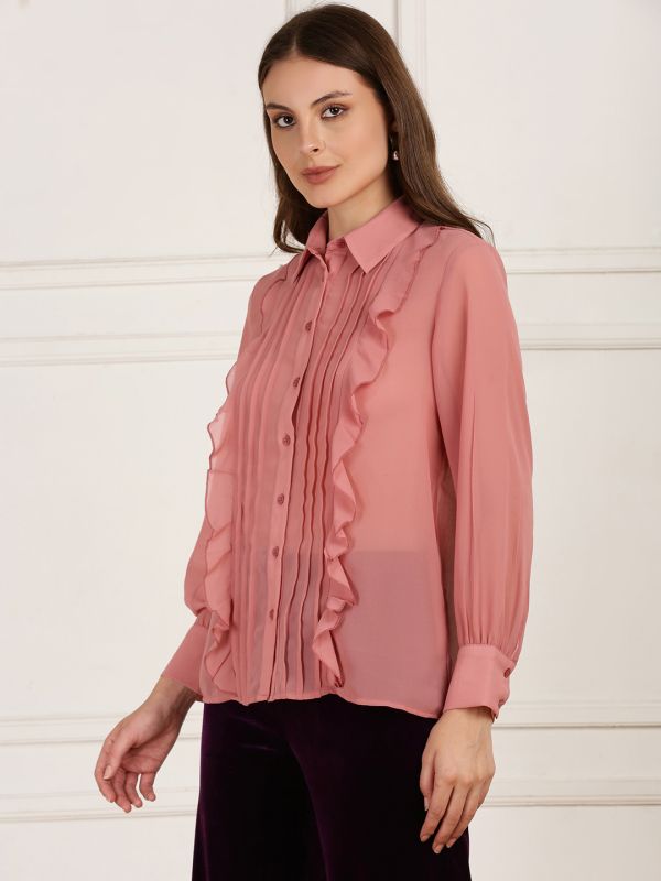 Globus Women Pink Collared Neck Bishop Sleeves Curved Hem Ruffle Detail Georgette Shirt