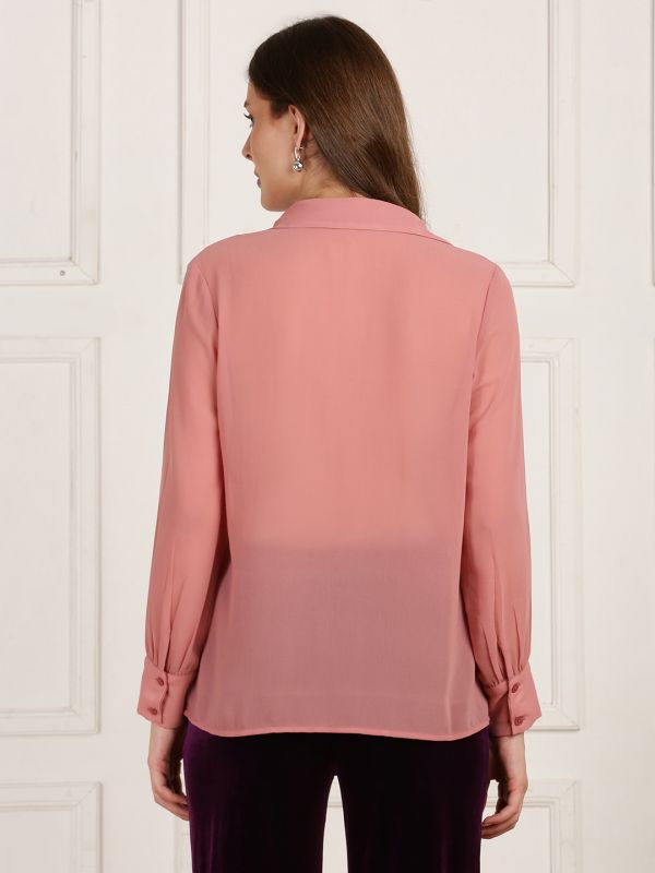 Globus Women Pink Collared Neck Bishop Sleeves Curved Hem Ruffle Detail Georgette Shirt