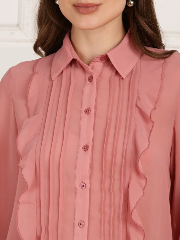 Globus Women Pink Collared Neck Bishop Sleeves Curved Hem Ruffle Detail Georgette Shirt
