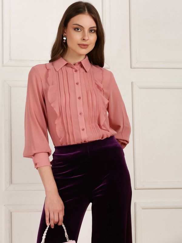 Globus Women Pink Collared Neck Bishop Sleeves Curved Hem Ruffle Detail Georgette Shirt