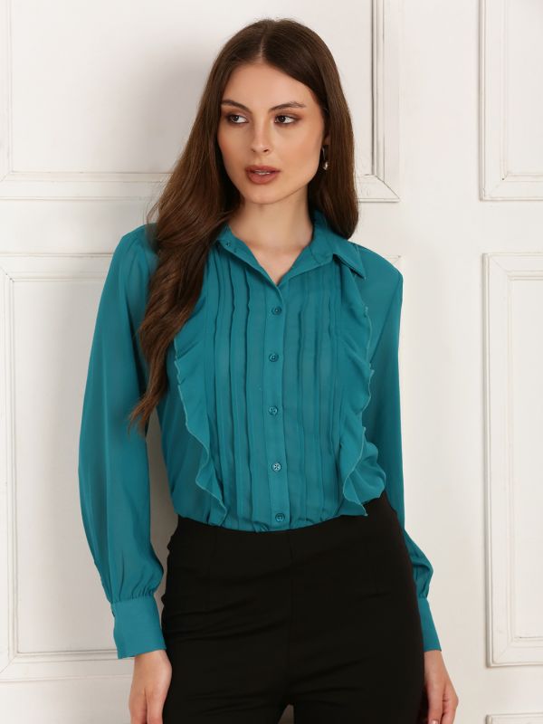 Globus Women Blue Collared Neck Bishop Sleeves Curved Hem Ruffle Detail Georgette Shirt