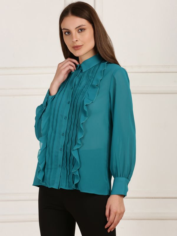 Globus Women Blue Collared Neck Bishop Sleeves Curved Hem Ruffle Detail Georgette Shirt