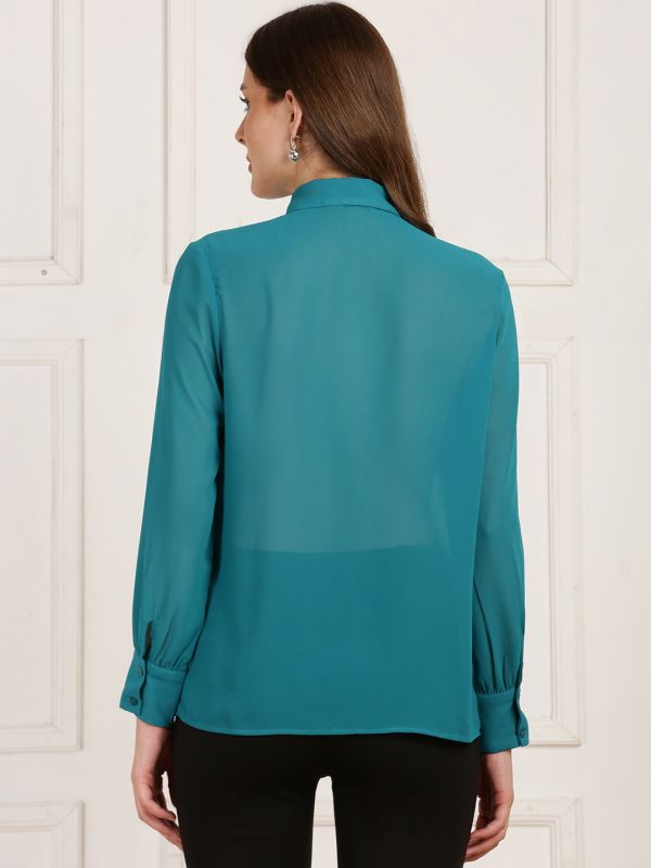 Globus Women Blue Collared Neck Bishop Sleeves Curved Hem Ruffle Detail Georgette Shirt