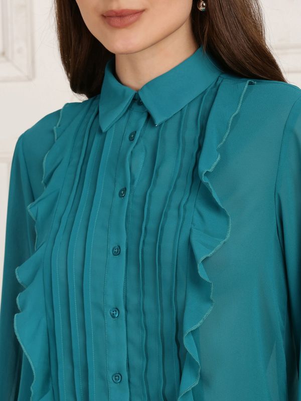 Globus Women Blue Collared Neck Bishop Sleeves Curved Hem Ruffle Detail Georgette Shirt