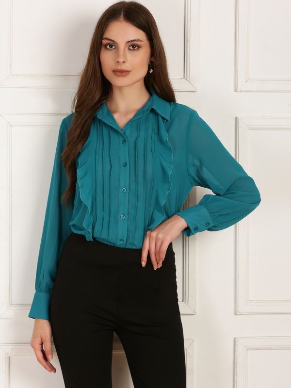 Globus Women Blue Collared Neck Bishop Sleeves Curved Hem Ruffle Detail Georgette Shirt