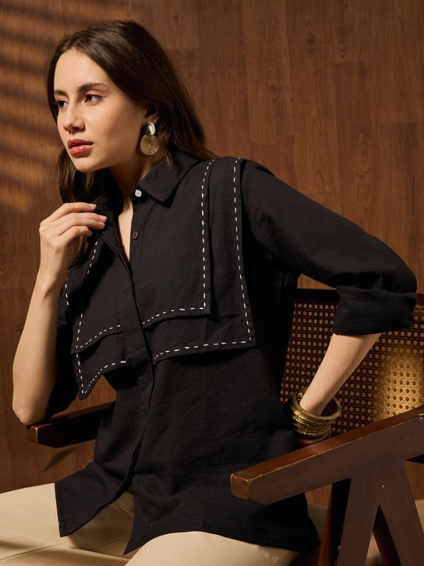 Globus Women Black Collared Neck Cuffed Sleeves Contrast Stitching Detail Solid Workwear Shirt