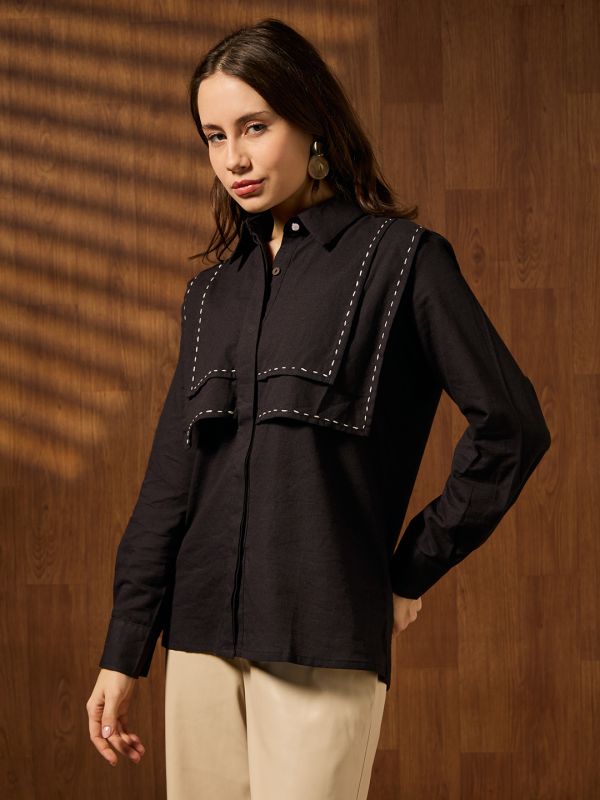 Globus Women Black Collared Neck Cuffed Sleeves Contrast Stitching Detail Solid Workwear Shirt