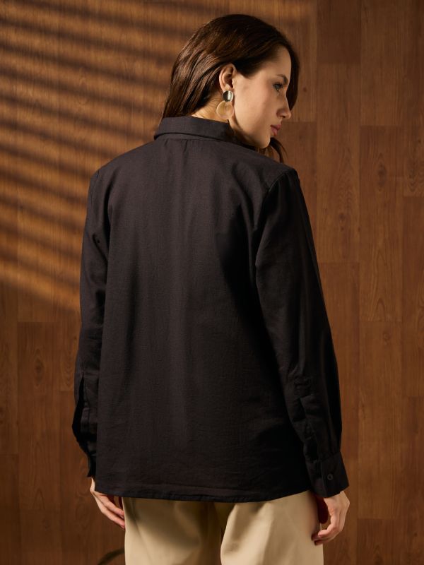 Globus Women Black Collared Neck Cuffed Sleeves Contrast Stitching Detail Solid Workwear Shirt