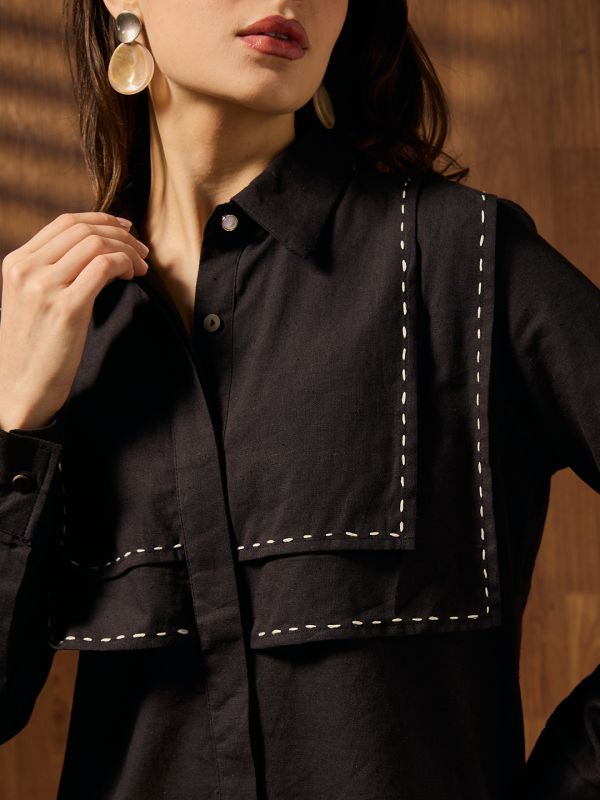 Globus Women Black Collared Neck Cuffed Sleeves Contrast Stitching Detail Solid Workwear Shirt
