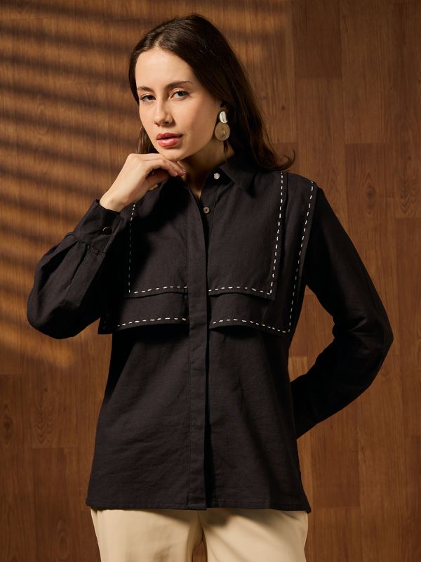 Globus Women Black Collared Neck Cuffed Sleeves Contrast Stitching Detail Solid Workwear Shirt