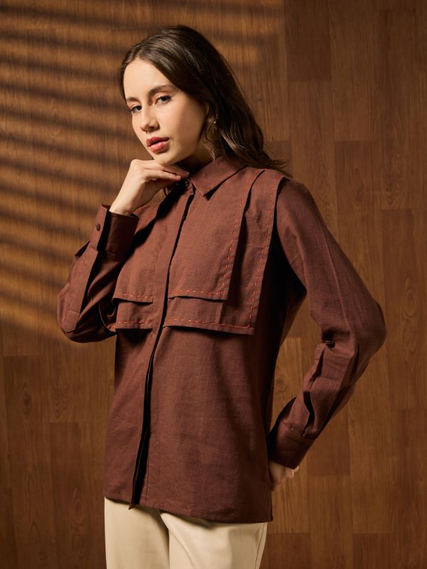 Globus Women Brown Collared Neck Cuffed Sleeves Contrast Stitching Detail Solid Workwear Shirt