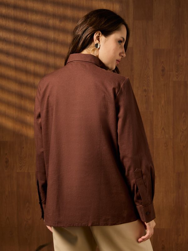 Globus Women Brown Collared Neck Cuffed Sleeves Contrast Stitching Detail Solid Workwear Shirt