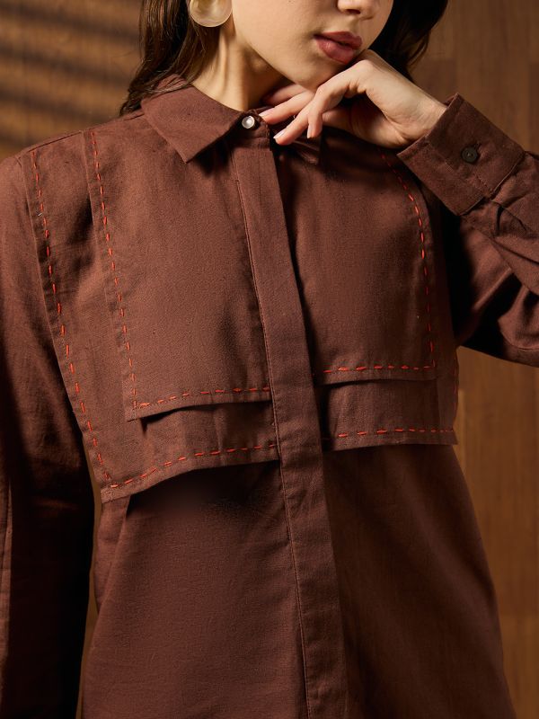 Globus Women Brown Collared Neck Cuffed Sleeves Contrast Stitching Detail Solid Workwear Shirt
