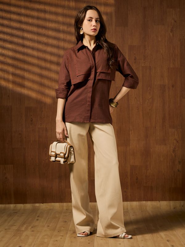 Globus Women Brown Collared Neck Cuffed Sleeves Contrast Stitching Detail Solid Workwear Shirt