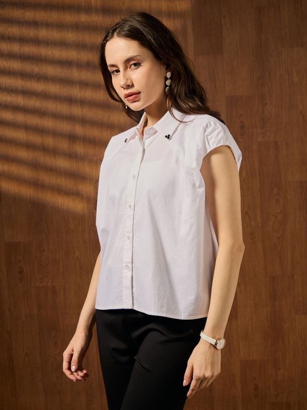 Globus Women White Embellished Collared Neck Extended Sleeves Shirt Style Crop Top
