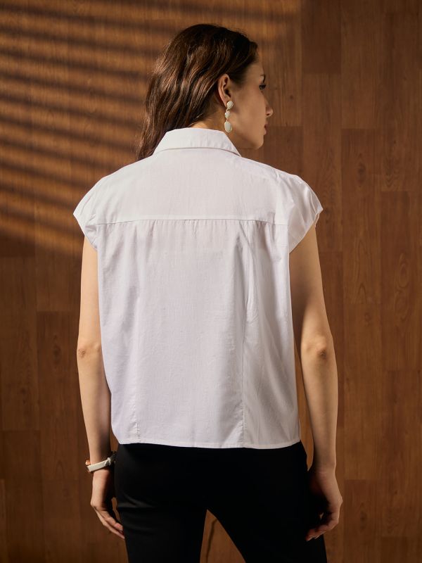 Globus Women White Embellished Collared Neck Extended Sleeves Shirt Style Crop Top