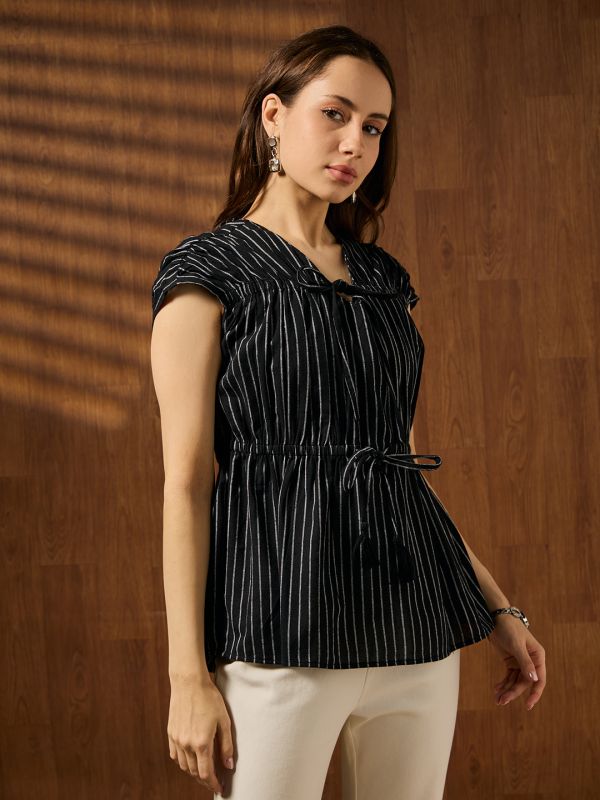 Globus Women Black V-neck Extended Sleeves Striped Gathered & Tie-ups Detail Peplum Top