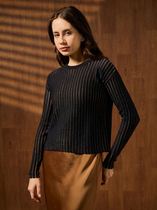 Globus Women Black Round Neck Full Sleeves Self Design Shimmer Detail Stretchable Party Wear Top