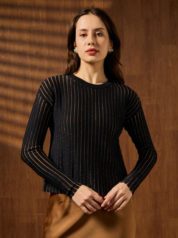 Globus Women Black Round Neck Full Sleeves Self Design Shimmer Detail Stretchable Party Wear Top