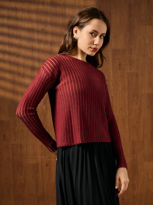 Globus Women Maroon Round Neck Full Sleeves Self Design Shimmer Detail Stretchable Party Wear Top