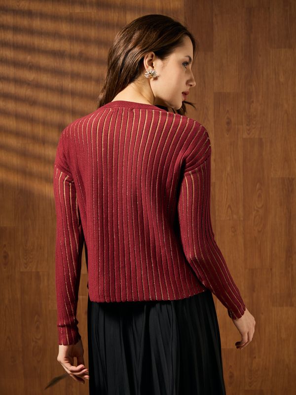 Globus Women Maroon Round Neck Full Sleeves Self Design Shimmer Detail Stretchable Party Wear Top