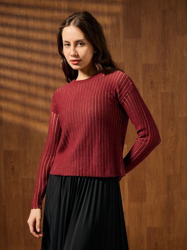 Globus Women Maroon Round Neck Full Sleeves Self Design Shimmer Detail Stretchable Party Wear Top