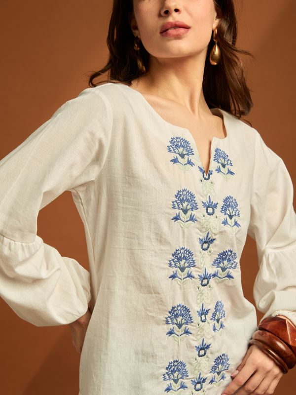 Globus Women White Round Neck Puff Sleeves Self Embroidered Casual Wear Top