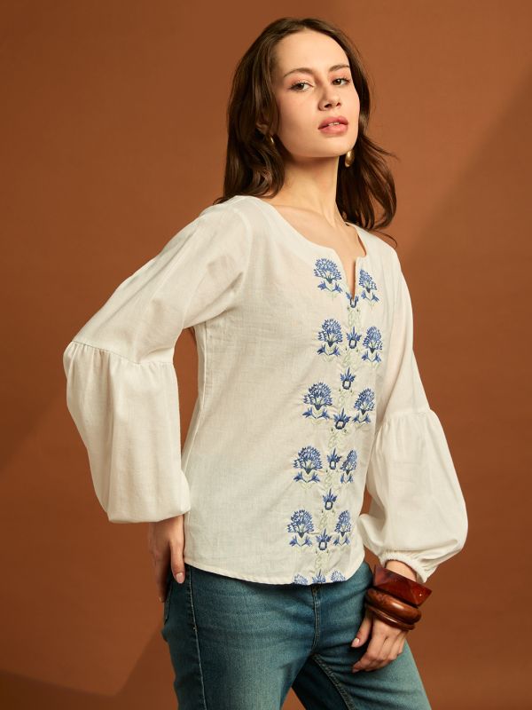 Globus Women White Round Neck Puff Sleeves Self Embroidered Casual Wear Top