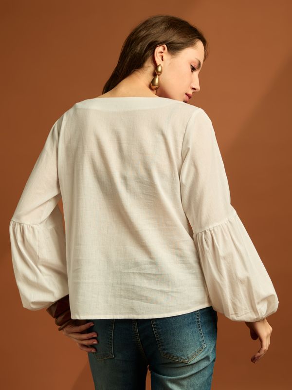 Globus Women White Round Neck Puff Sleeves Self Embroidered Casual Wear Top