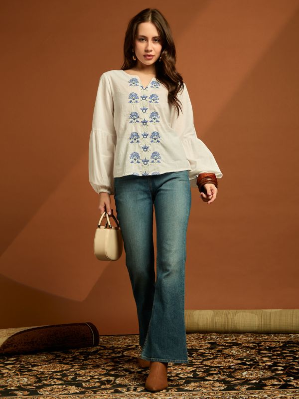 Globus Women White Round Neck Puff Sleeves Self Embroidered Casual Wear Top