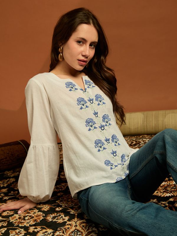 Globus Women White Round Neck Puff Sleeves Self Embroidered Casual Wear Top