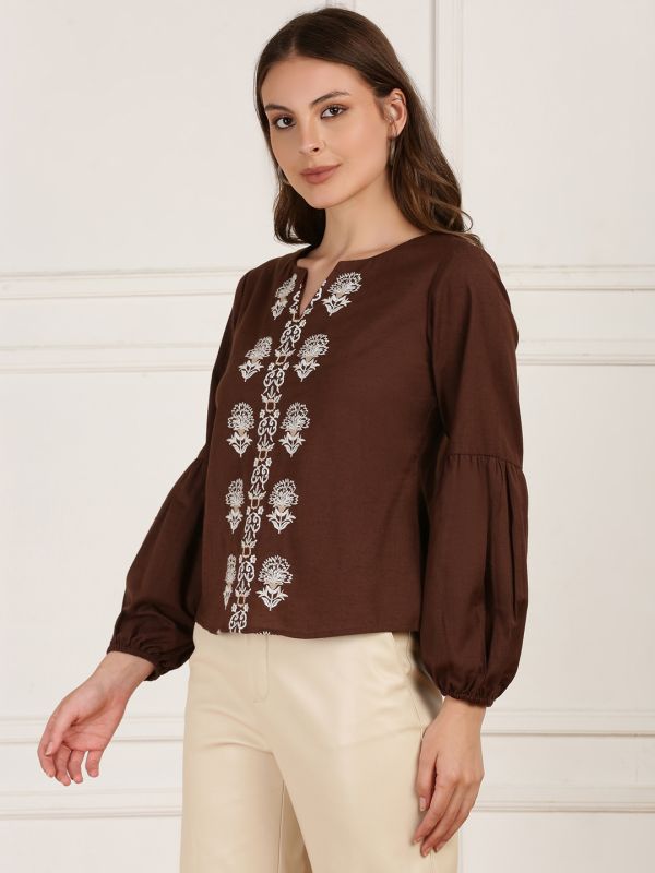 Globus Women Brown Round Neck Puff Sleeves Self Embroidered Casual Wear Top