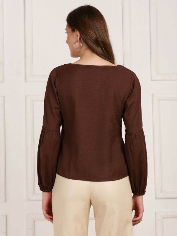 Globus Women Brown Round Neck Puff Sleeves Self Embroidered Casual Wear Top