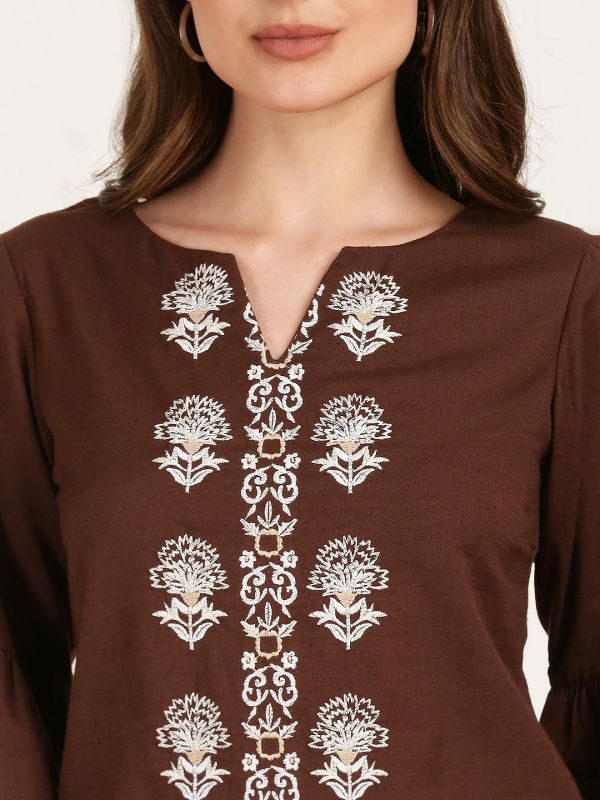 Globus Women Brown Round Neck Puff Sleeves Self Embroidered Casual Wear Top