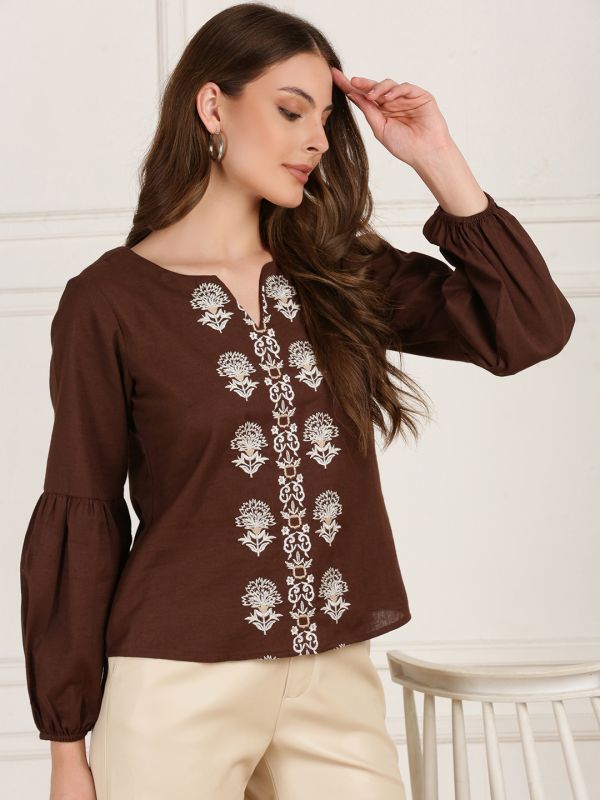 Globus Women Brown Round Neck Puff Sleeves Self Embroidered Casual Wear Top