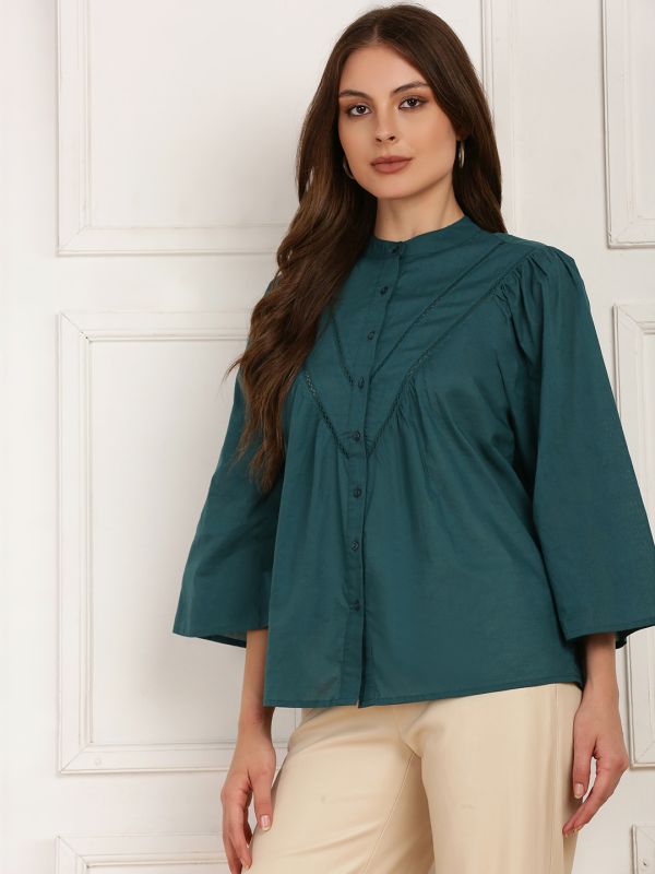 Globus Women Teal Mandarin Collar Bell Sleeves Gathered Lace Insert Top