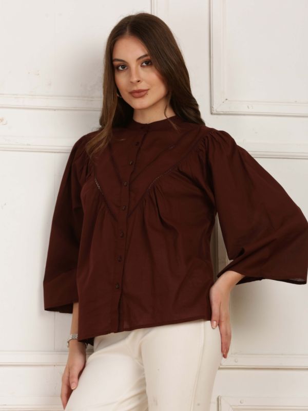 Globus Women Brown Mandarin Collar Bell Sleeves Gathered Lace Insert Top