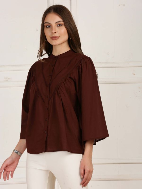 Globus Women Brown Mandarin Collar Bell Sleeves Gathered Lace Insert Top